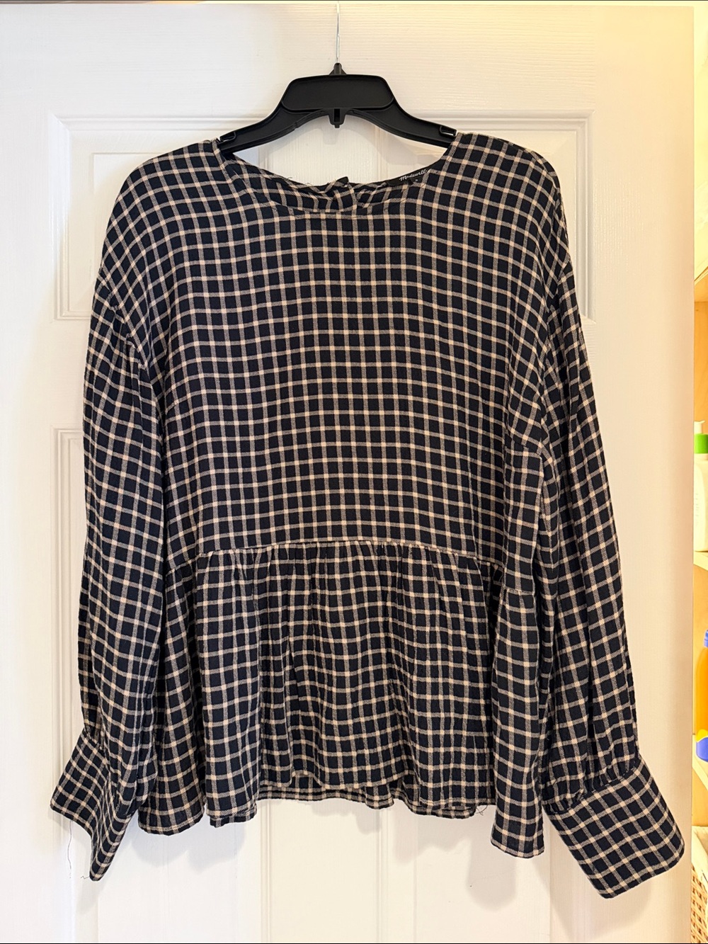 Madewell Plaid Peplum Long-Sleeve Top - black/Cream